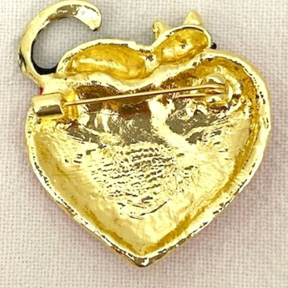 Cat Pin Brooch Enamel Black & Gold Kitty Sitting on Red Heart Missy's Back Porch